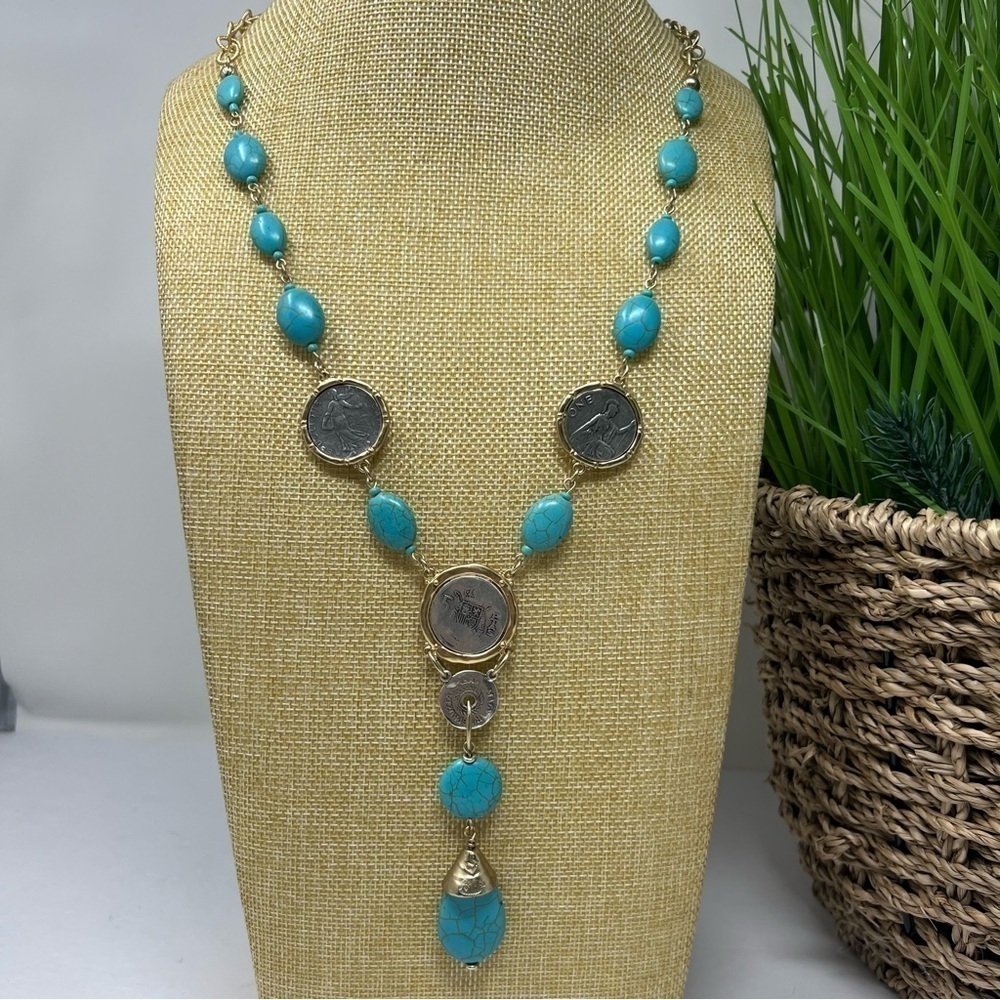Chico's necklace turquoise howlite coin jewelry two sided gold silver tone